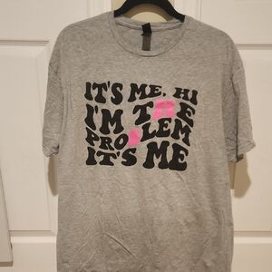Gray Graphic T-Shirt with Black and Pink Text